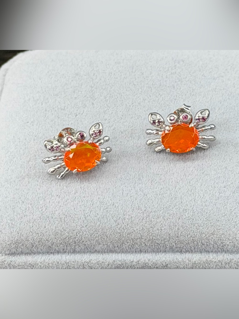 Stunning Natural Orange Fire Opal 8x6mm Crab 925 Sterling Silver Earrings - Picture 10 of 11